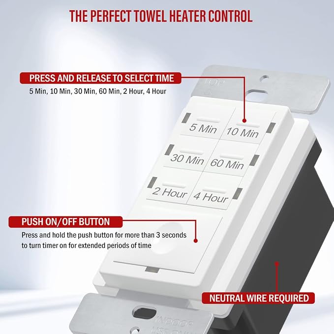 ENERLITES 4-Hour Countdown Timer Switch, 5-10-30-60 Min, 2-4 Hour, - Image 2