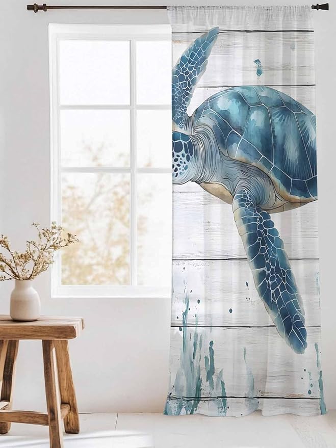 Sheer Curtains 108 Inches Long, Teal Green Ocean Turtle Semi Sheer Curtains - Image 3