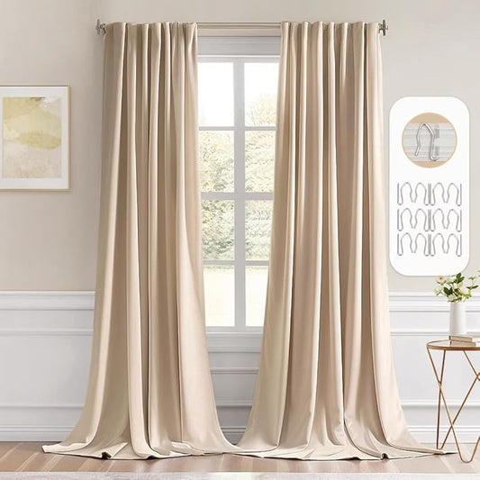 MIULEE Back Tab Beige Curtains 96 Inch Long 2 Panels Set for Living Room Bedroom, Cream Rod Pocket/Pinch Pleated Light Blocking Thermal Insulated Room Darkening Floor to Ceiling Blackout Drapes