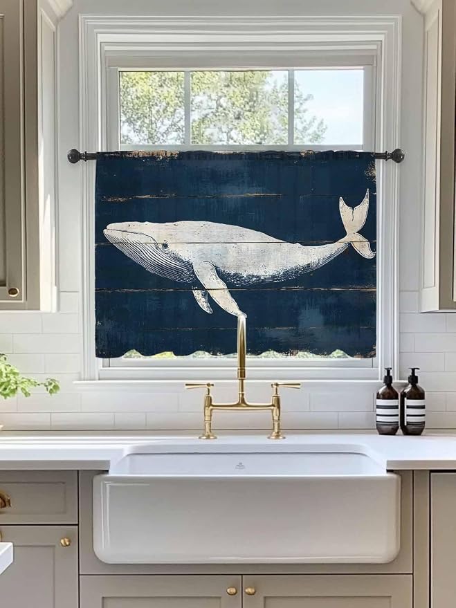 Sheer Curtains 45 Inch Length, Ocean Whale Blue Semi Sheer Curtains Light - Image 3