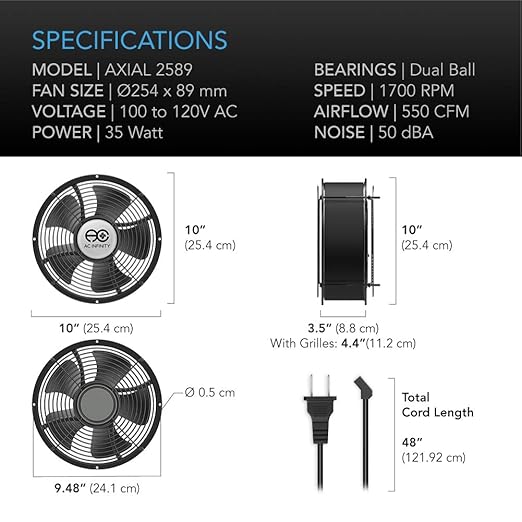 AC Infinity AXIAL 2589, Muffin Fan 10", 120V AC Ø254mm x 89mm High Speed - Image 6