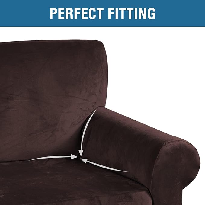 H.VERSAILTEX Stretch Velvet Loveseat Covers for 2 Cushion Couch Covers for Living Room Sofa Covers Slipcovers with Non Slip Straps Bottom, Ultra Thick Comfy Velour (Width 58"-72", Chocolate)