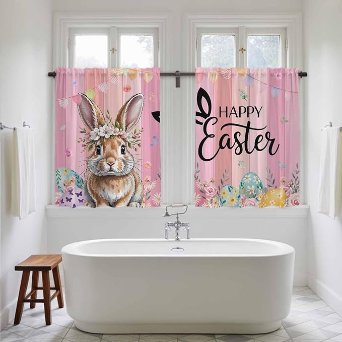 Easter Kitchen Curtains, Spring Rabbit Eggs Flowers Flags Leaves Wood Grain - Image 5