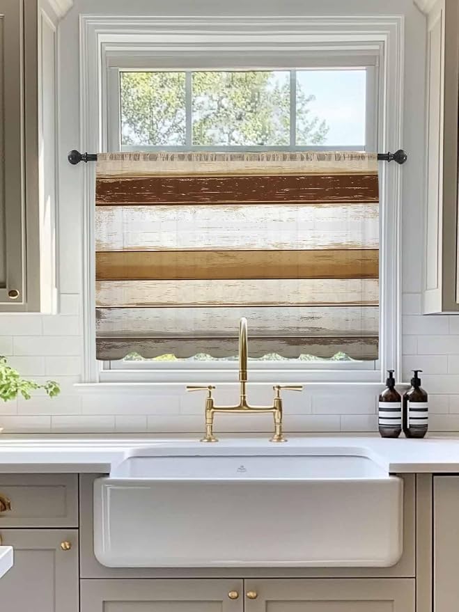 Sheer Curtains 45 Inch Length, Vintage Country Geometric Striped Privacy Voile - Image 3