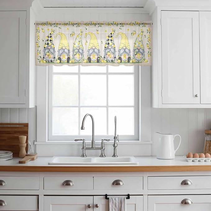 Rustic Lemon Gnomes Sheer Valance Curtains, Summer Fruit Leaves Retro Linen - Image 2
