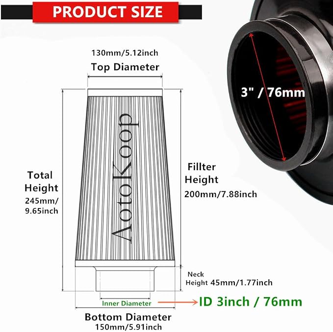 Premium Cone Air Filter, Clamp-on 3" Inlet Mesh Top High Airflow Engine - Image 2