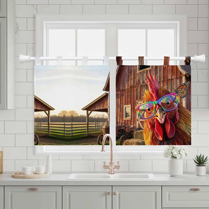 Farm Rooster Kitchen Curtains 24 Inch Length, Small Window Curtains Tab Top - Image 3