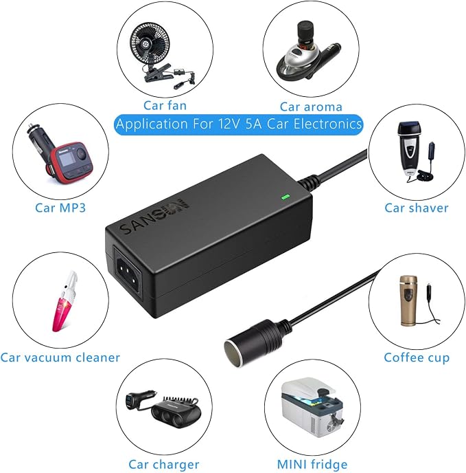 AC to DC Converter 5A Car Cigarette Lighter Socket, SANSUN 120V to 12V Supply - Image 4