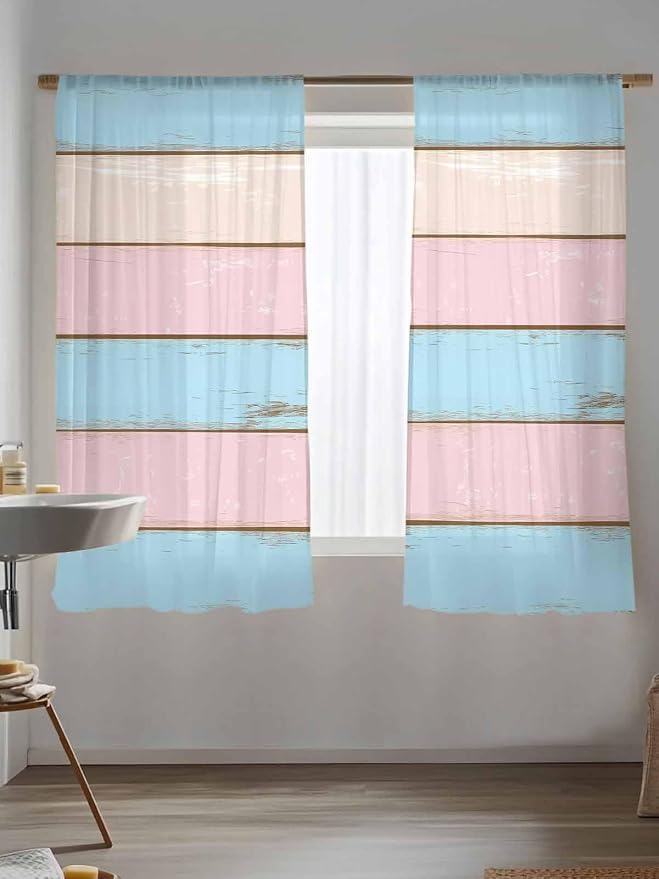 Sheer Curtains 72 Inches Long, Farmhouse Country Shabby Striped Privacy Voile - Image 5