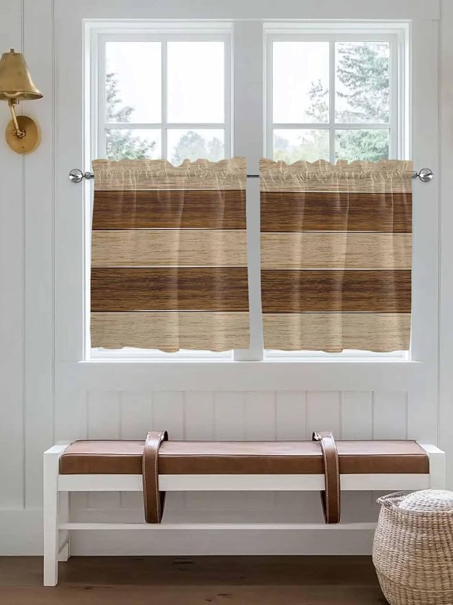 Retro Country Brown Wooden Board Window Valance Curtains, Farmhouse Gradient by IDOWMAT