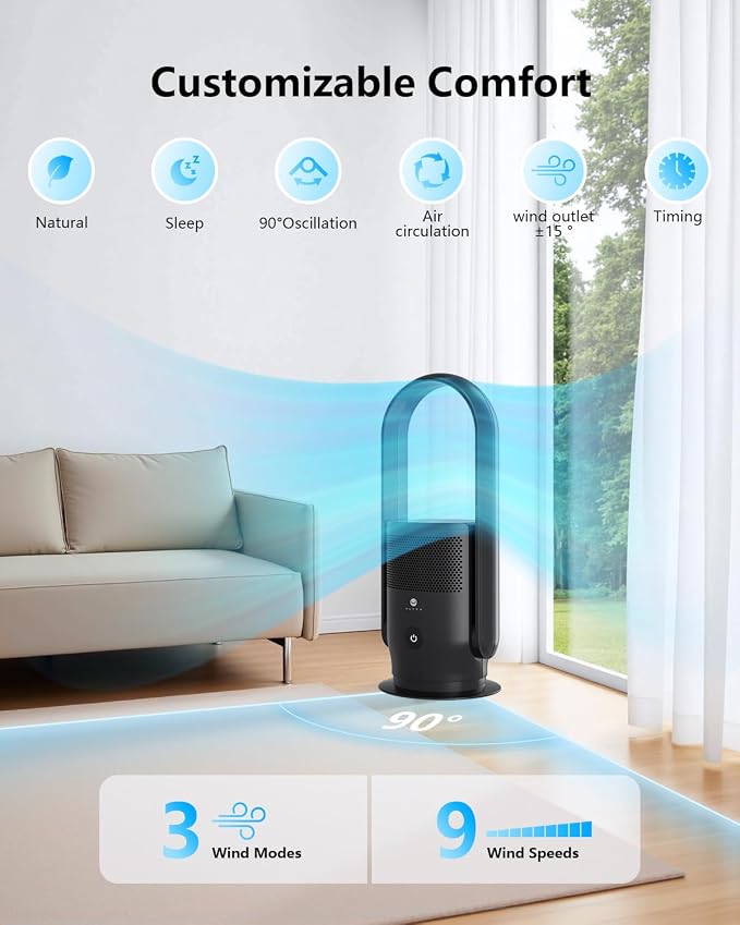 ULTTY Bladeless Tower Fan for Bedroom, Ultra Quiet Standing Fan, 9 Speeds 3 - Image 3