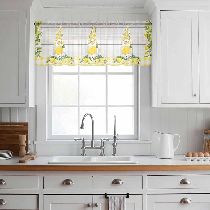 Lemon Dwarfs Sheer Valance Curtains, Gnome Green Leaf Wood Striped Yellow Plaid - Image 2