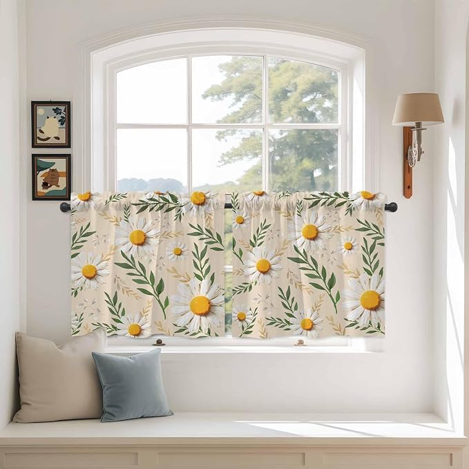 Spring Daisy Tier Curtains, Country Watercolor Flower Leaf Plant Light - Image 3
