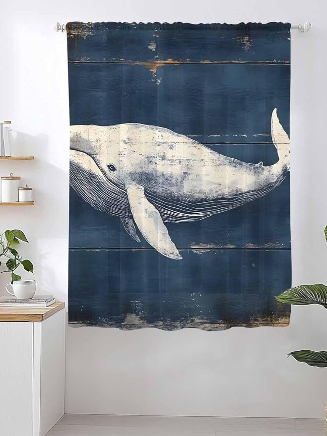Sheer Curtains 63 Inch Length, Ocean Vintage Whale Semi Sheer Curtains Light - Image 2