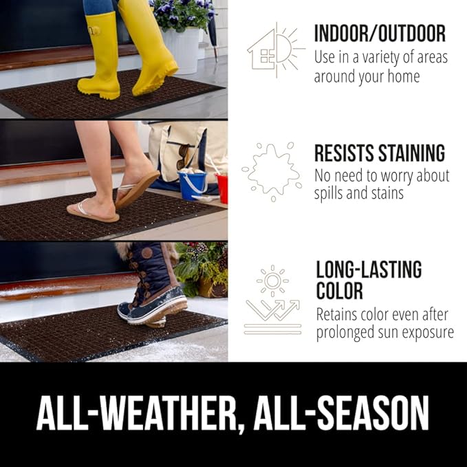 GORILLA GRIP 100% Waterproof All-Season WeatherMAX Doormat US Designed Natural Rubber, Stain and Fade Resistant, Low Profile Indoor Outdoor Door Mats, Easy Clean Patio Mat, 29x17, Coffee Square