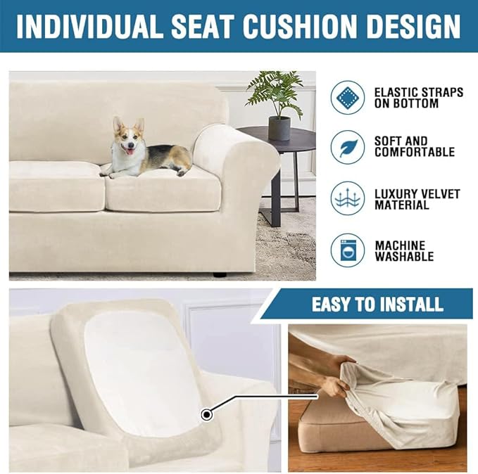 H.VERSAILTEX Modern Velvet Plush 4 Piece High Stretch Sofa Slipcover Furniture Protector Form Fit Luxury Thick Velvet Extra Large Sofa Cover for 3 Cushion Couch Width Up to 105 Inch(XL Sofa, Ivory)