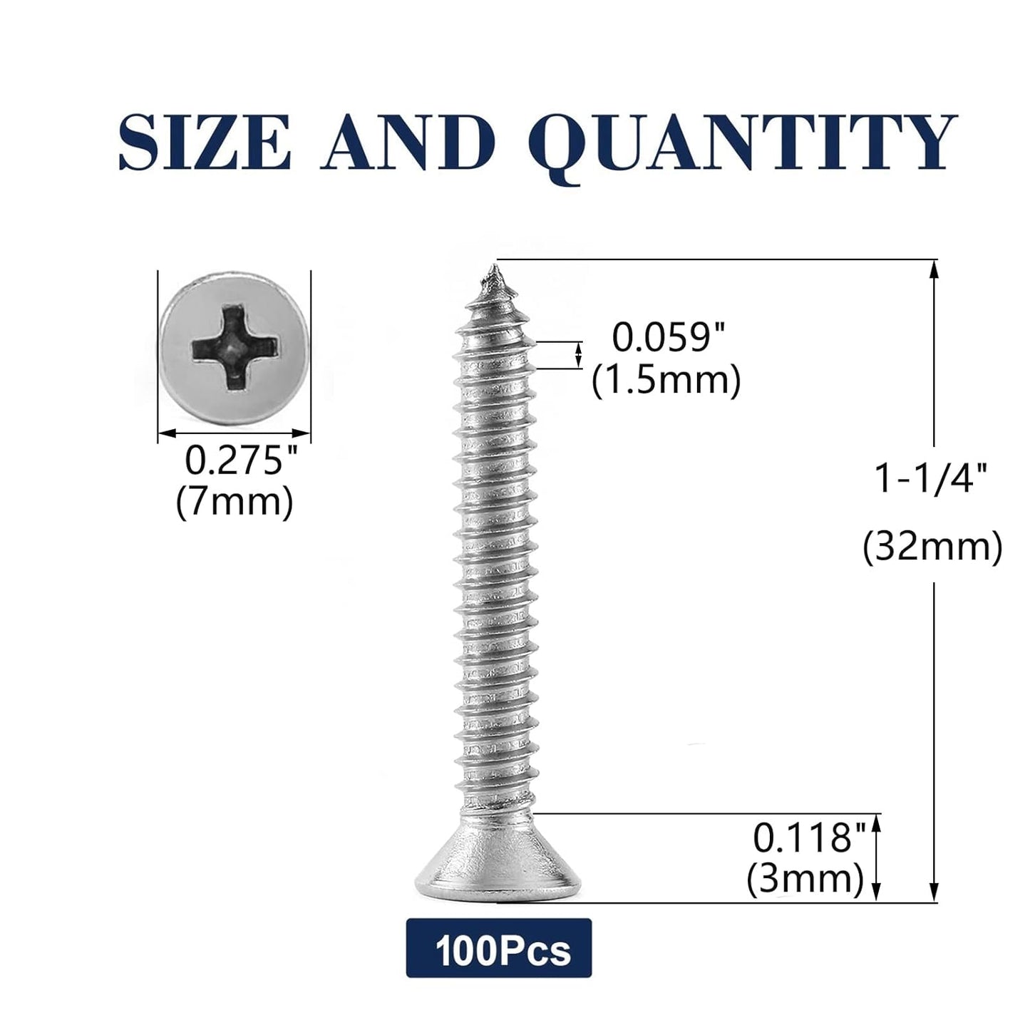 #7 x 1-1/4" Wood Screw 100Pcs 18-8 (304) Stainless Steel Screws Flat Head Phillips Fast Self Tapping Drywall Screws by SG TZH