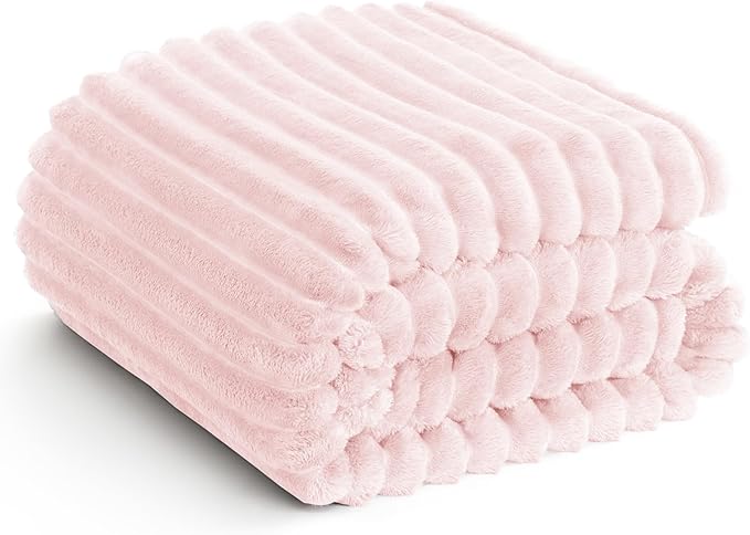 HIMEET Pink Ribbed Queen Size Blanket for Bed - 300GSM Lightweight Fleece Blanket for Men Women, Large Cozy Sofa Couch Cover Bed Blankets Gifts, Striped Spring Home Room Decor, Pink, 90x90 Inches