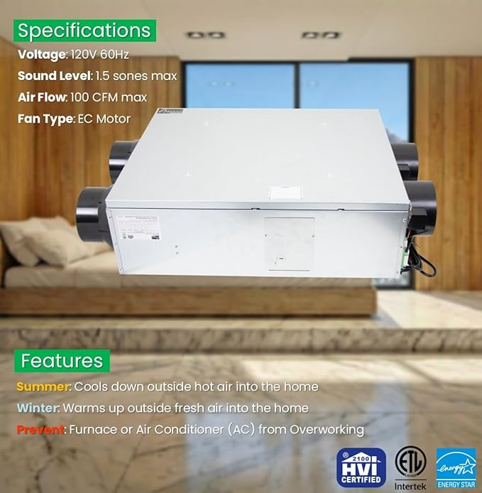 Awoco 6” Vent Energy Recovery Ventilator System Various Speeds 100 CFM - Image 3