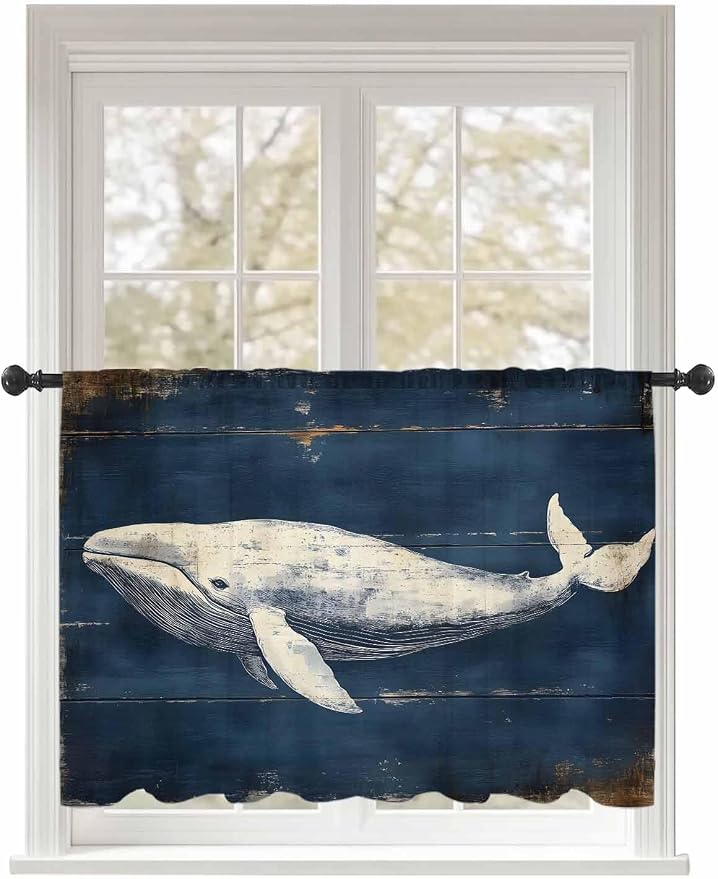 Sheer Curtains 45 Inch Length, Ocean Vintage Whale Semi Sheer Curtains Light by Unknown