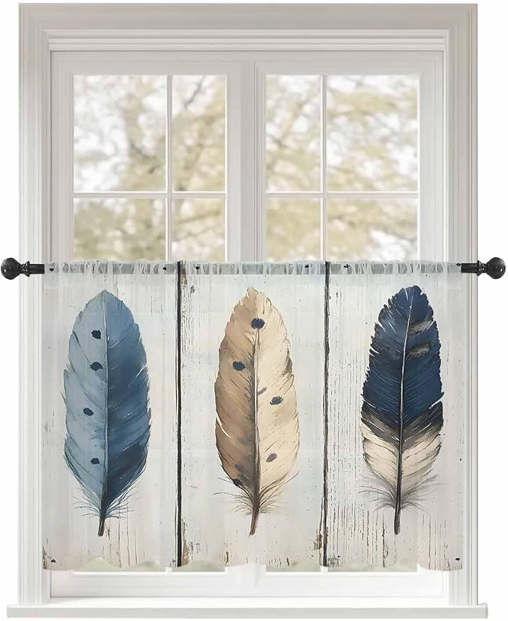 Sheer Curtains 45 Inch Length, Farmhouse Feather Semi Sheer Curtains Light by Unknown