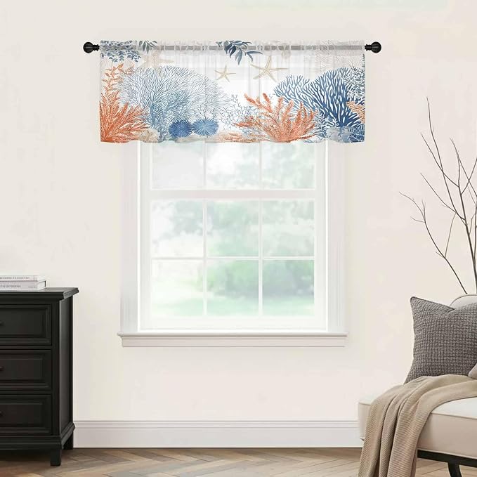 Ocean Corals Sheer Valance Curtains, Summer Beach Coral Sea Stars Light - Image 5