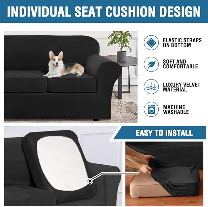 H.VERSAILTEX Real Velvet Plush 3 Piece Stretch Sofa Covers Couch Covers for 2 Cushion Couch Sofa Slipcovers Width Up to 90 Inch Feature Thick Soft Stay in Place (Large Sofa, Black)