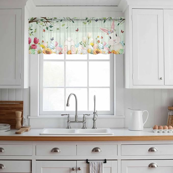 Easter Sheer Valances for Windows 60"x18", Light Filtering Kitchen Curtains - Image 3