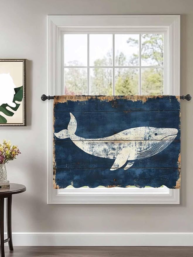Sheer Curtains 45 Inch Length, Ocean Whale Blue Semi Sheer Curtains Light - Image 2