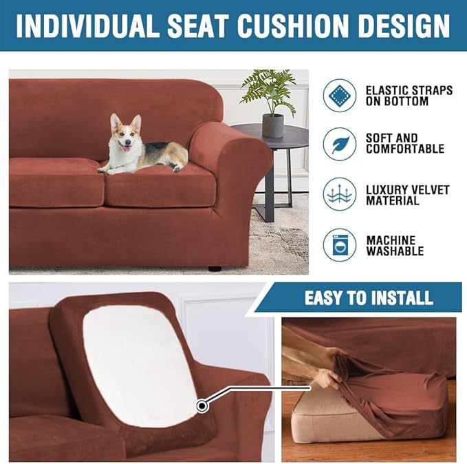 H.VERSAILTEX High Stretch Sofa Slipcover 4 Piece Cover Velvet Furniture Protector Form Fit Thick Velvet Extra Large Sofa Cover for 3 Cushion Couch Width Up to 97 Inch (Large Sofa, Rust)