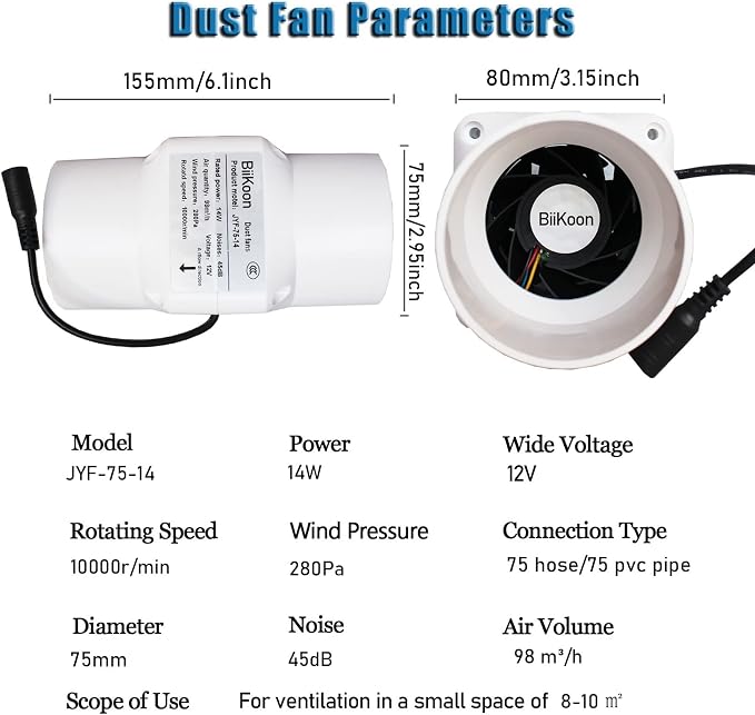 12V Inline Duct Fan 3 Inch Vent Booster 14W HVAC Exhaust Intake Fans 58Cfm Air - Image 2