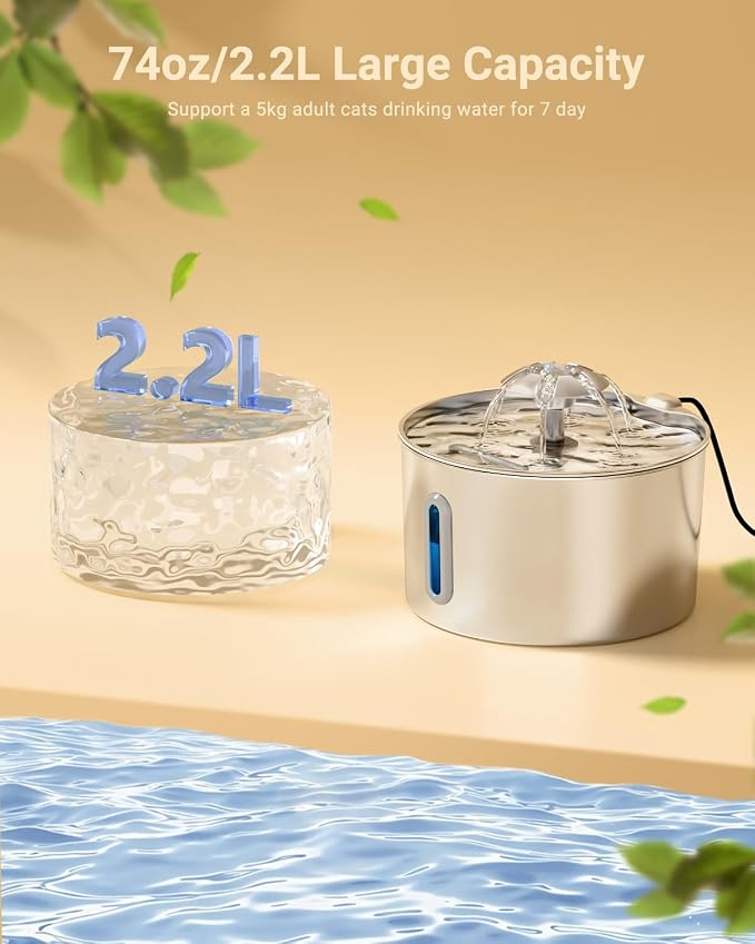 Cat Water Fountain Stainless Steel - 74oz/2.2L Automatic Large Pet Watering - Image 2
