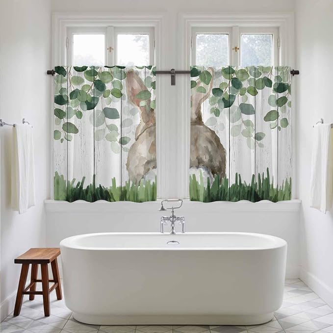Easter Kitchen Curtains, Country Rabbit Botanical Leaves Wooden Grain Light - Image 5