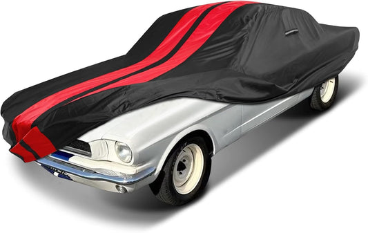 iCarCover Custom Car Cover for 1964-1968 Ford Mustang Waterproof All Weather Rain Snow UV Sun Protector Full Exterior Indoor Outdoor Car Cover (Stripe - Black/Red)
