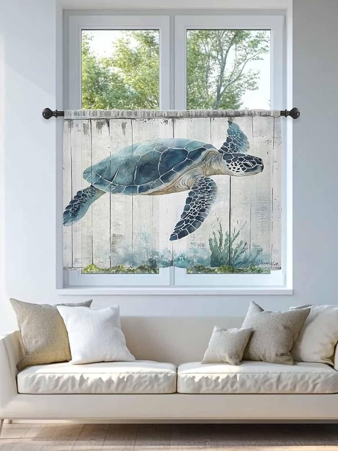 Sheer Curtains 54 Inch Length, Sea Turtle Teal Blue Semi Sheer Curtains Light - Image 4