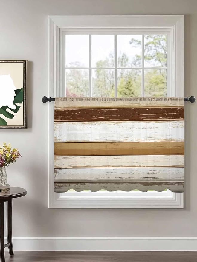 Sheer Curtains 45 Inch Length, Vintage Country Geometric Striped Privacy Voile - Image 2