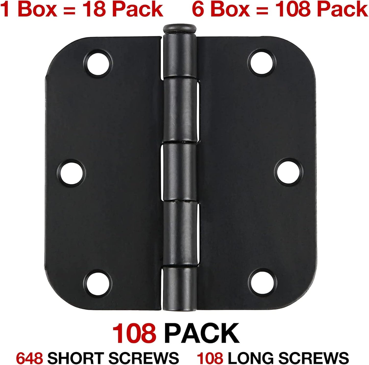 108 Pack Rounded Matte Black Door Hinges 3.5 Inch 5/8" Radius for Interior 3 1/2" Flat Iron Bifold Residential Standard Hinge Bedroom Indoor for Doors 3 ½"Hardware Heavy Duty Steel Regular Home Kit