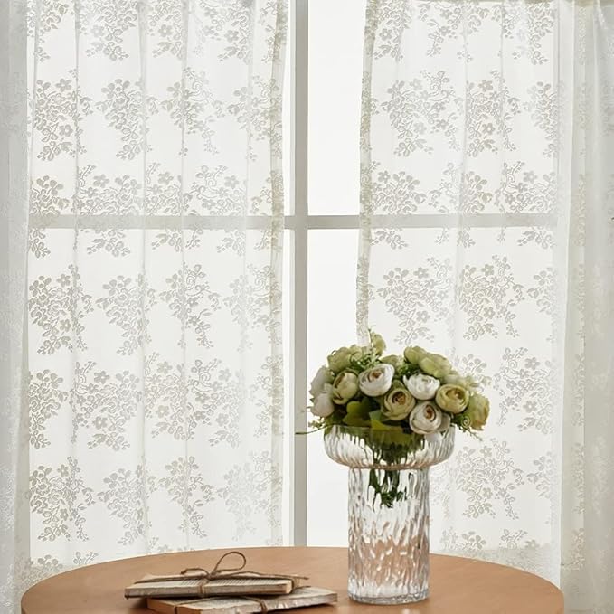 YJ YANJUN Vintage Lace Curtains 24 inch Length 2 Panels Retro Floral Rv Drapes for Camper Windows Cream Kitchen Window Curtains Over Sink Bistro Sheer Panels for Narrow Windows 26" x 24" Ivory