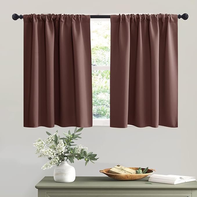 RYB HOME Basement Bathroom Kitchen Cafe Blackout Privacy Curtains, Short Insulating Light UV Heat Blocking Privacy Curtain Tiers for Laundry Room, Width 34 by Length 30, Chocolate Brown, 2 Panels