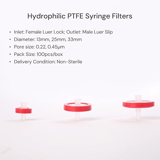 100 Pack Syringe Filter PTFE hydrophilic Lab Filters 0.45μm Pore Size 13mm - Image 2