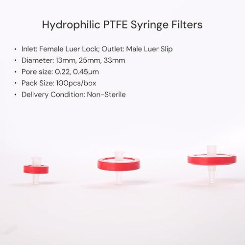 100 Pack Syringe Filter PTFE hydrophilic Lab Filters 0.45μm Pore Size 25mm - Image 2