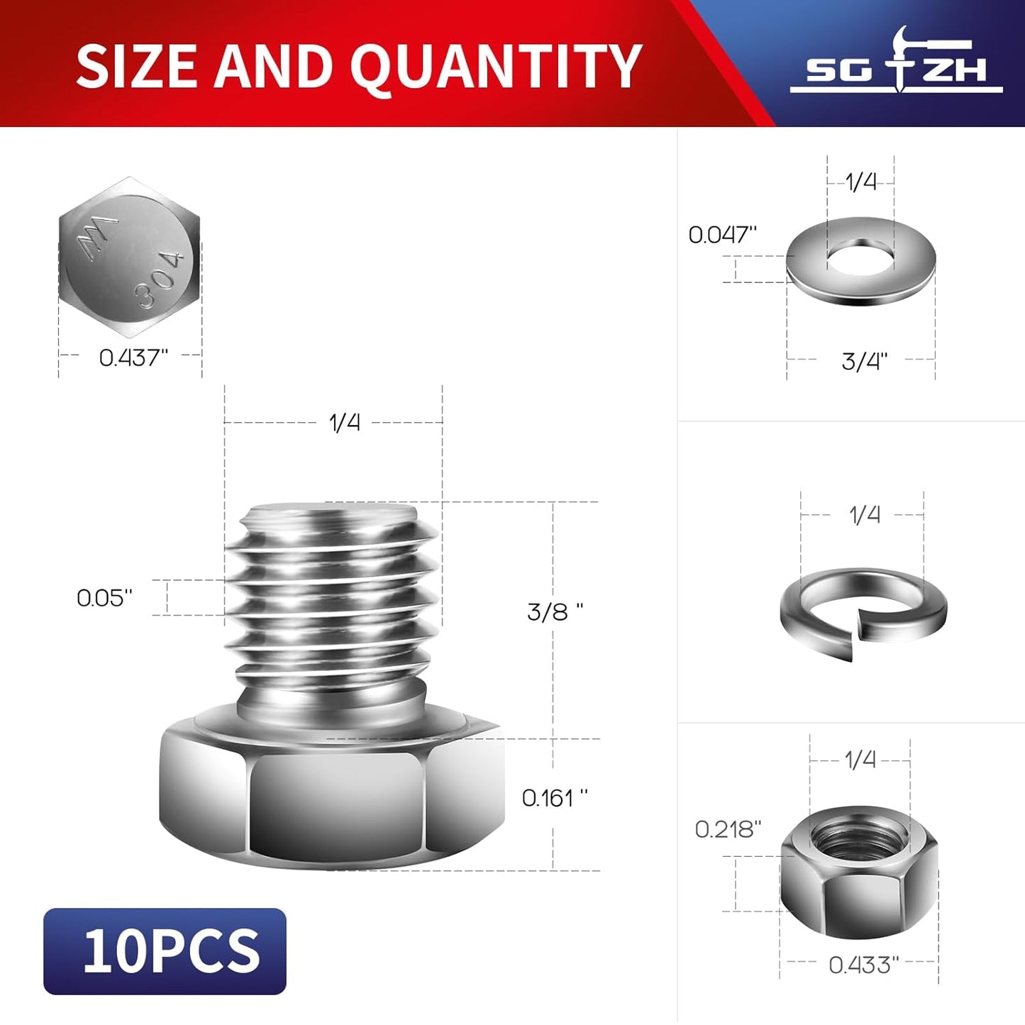 1/4-20 x 3/8" Hex Head Screw Bolt, Nuts, Flat & Lock Washers, 10Pcs 18-8 (304) Stainless Steel, Fully Threaded, by SG TZH