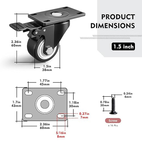 1.5 Inch Caster Wheels for Furniture, Small Casters Set of 4 - Image 2