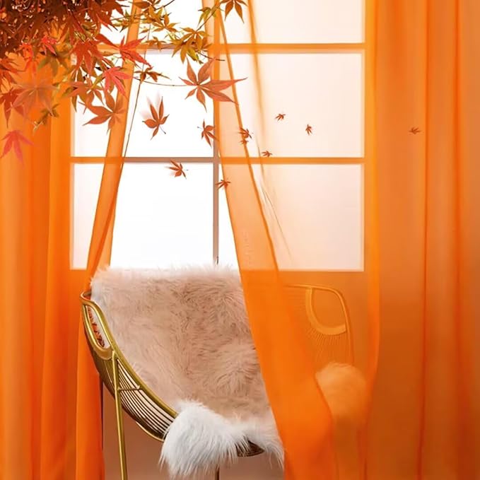 SpaceDresser Basic Rod Pocket Sheer Voile Window Curtain Panels Orange 1 Pair 2 Panels 26 Width 24 Inch Long for Kitchen Bedroom Children Living Room Yard（Orange，26Wx 24L）