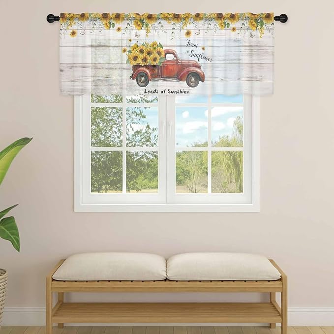 Farmhouses Sunflowers Sheer Valance Curtains, Retro Floral Leaves Red Truck - Image 4