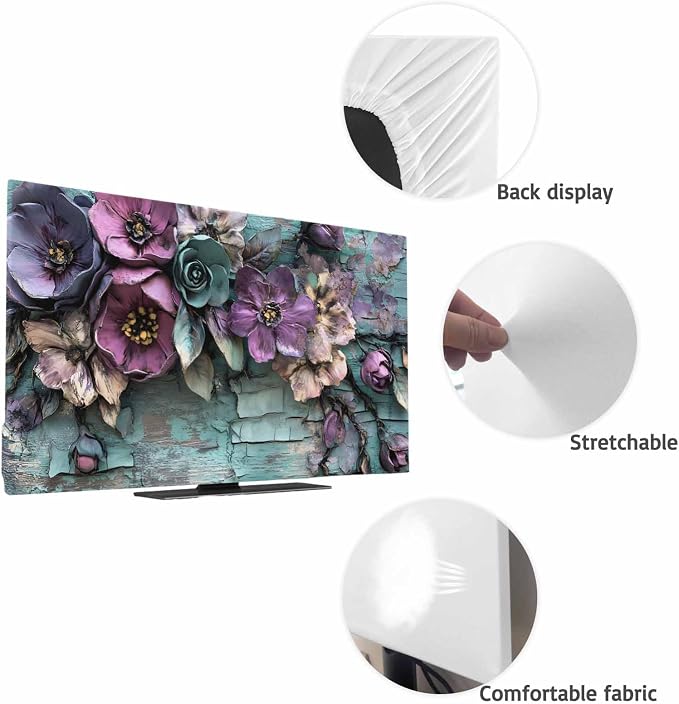 Vintage Flower Teal Mottled Wall Indoor TV Cover, Elastic TV Screen Protector - Image 7