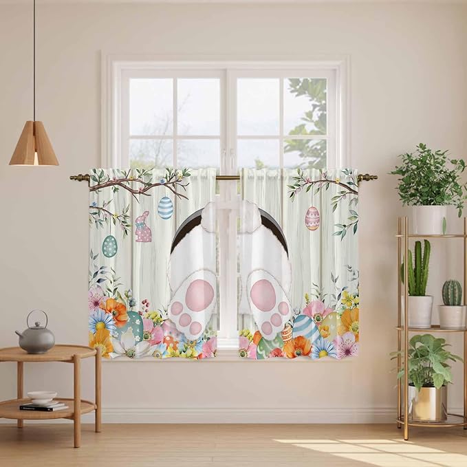 Easter Kitchen Curtains 45 Inch Long 2 Panel Set, Rod Pocket Window Treatment - Image 3