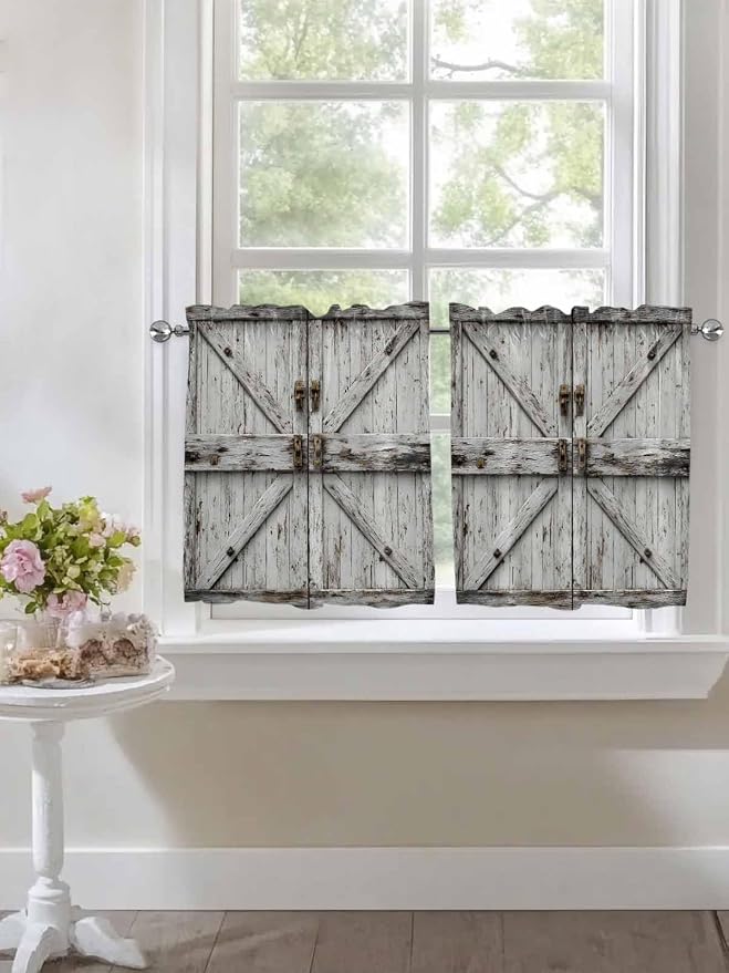 Vintage Gate Half Window Curtains 24 Inches Long, Farmhouse Wooden Grain Shabby - Image 7