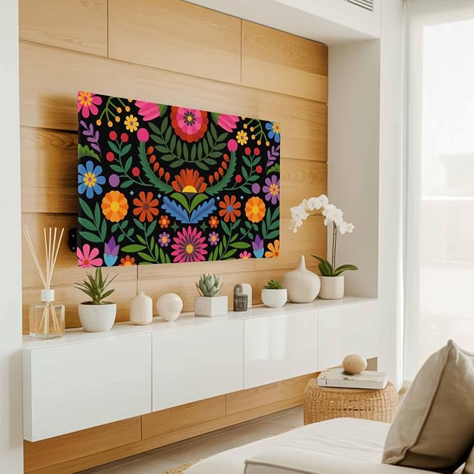 Abstract Boho Flower Floral on Black Indoor TV Cover, Elastic TV Screen - Image 2