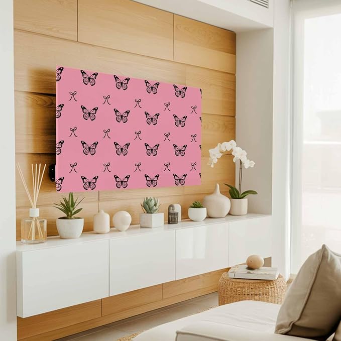 Black Butterflies Bow on Pink Indoor TV Cover, Elastic TV Screen Protector - Image 2